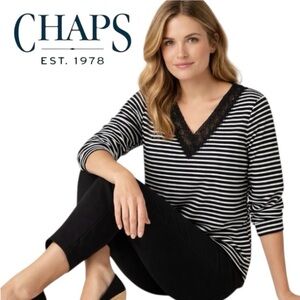 3X CHAPS black and white striped cotton top with lace neckline detail